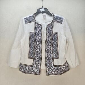 CHICO'S WOMEN'S SIZE 0 WHITE JACKET FLORAL 3/4 SLEEVE TONAL STRIPE EMBELLISHED